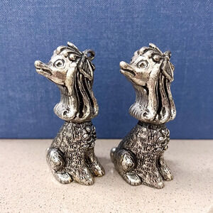 Pair Silver Finish 3in Poodle Afghan Dog Figurine Signed Italy Vintage Ribbon
